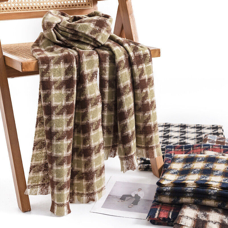 Men Ladies Women Unisex Classic Checked Tartan Print Plain Beige Tassel Scarf UK