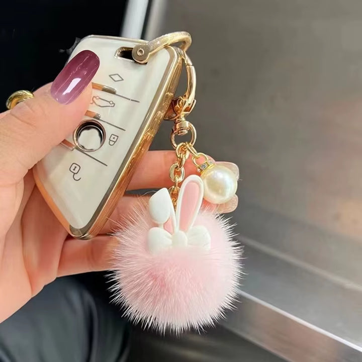 INS Handmade Plush Keychain Cute Pearl Pompom Key Chain Soft Bunny Keyring Pendant for Women Girls Bag Car Trinket Decoration