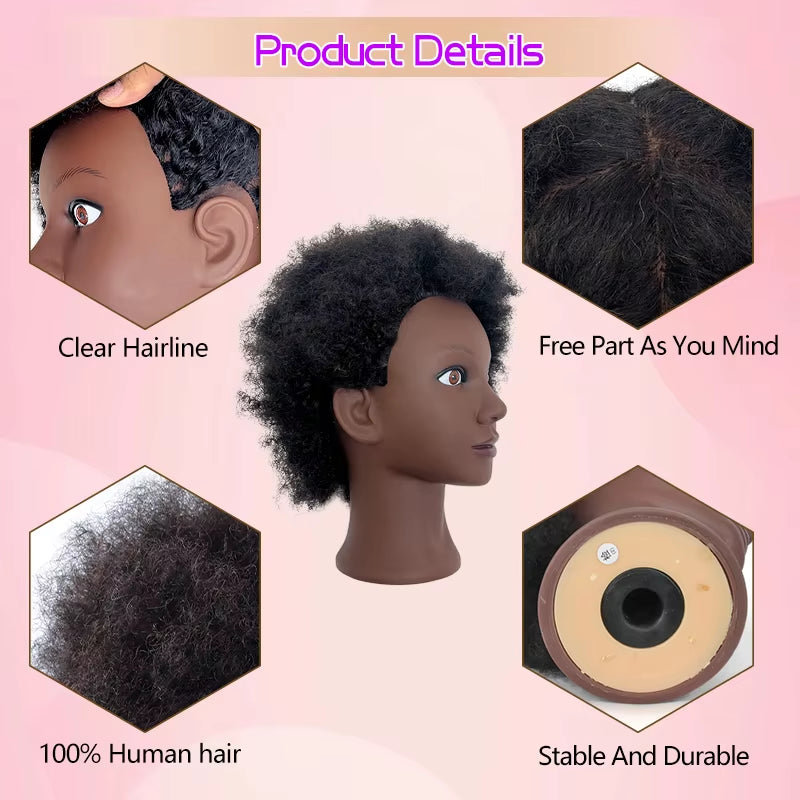 100% Human Hair Professional Mannequin Head with Short Afro Curly Hair Premium Black Mannequin Head with Cosmetology Doll Head