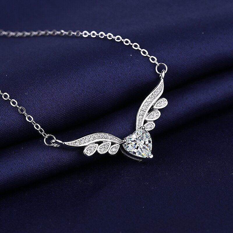 Elegant Crystal Angel Wing Heart Choker Necklace Women Girls Silver Jewellery