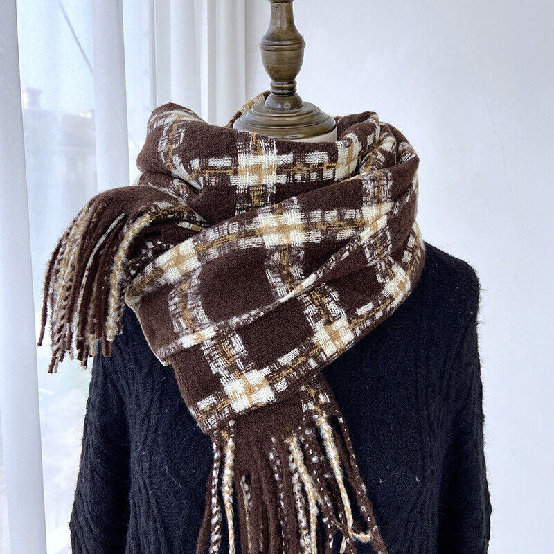 Men Ladies Women Unisex Classic Checked Tartan Print Plain Beige Tassel Scarf UK