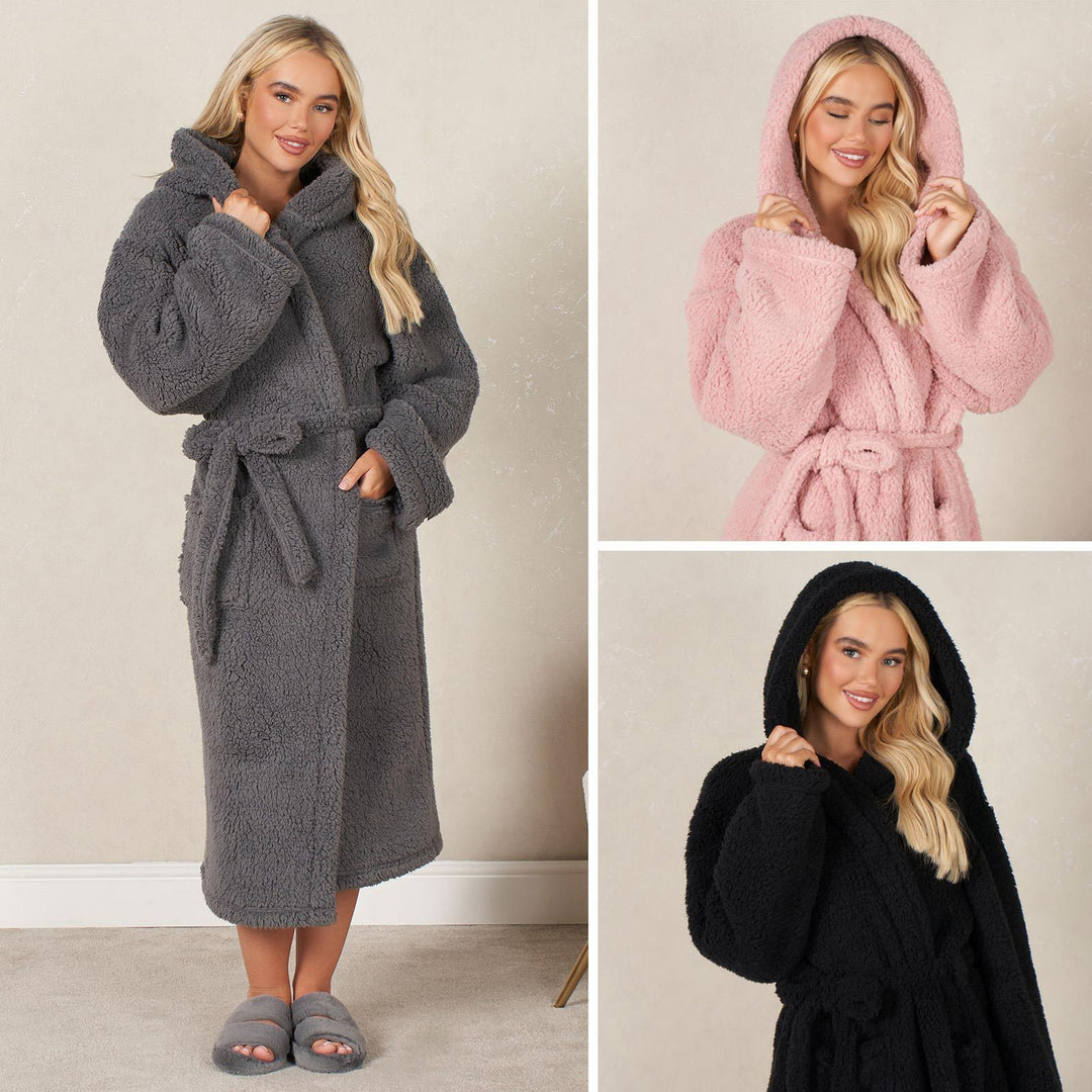 Teddy Fleece Long Dressing Gown Ladies Warm House Coat Hooded Long Cosy Robe