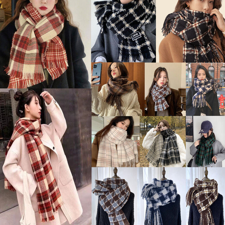 Men Ladies Women Unisex Classic Checked Tartan Print Plain Beige Tassel Scarf UK