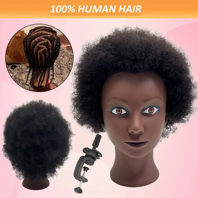 100% Human Hair Professional Mannequin Head with Short Afro Curly Hair Premium Black Mannequin Head with Cosmetology Doll Head