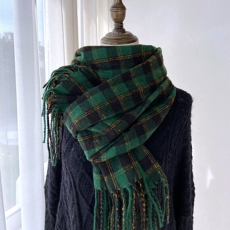 Men Ladies Women Unisex Classic Checked Tartan Print Plain Beige Tassel Scarf UK