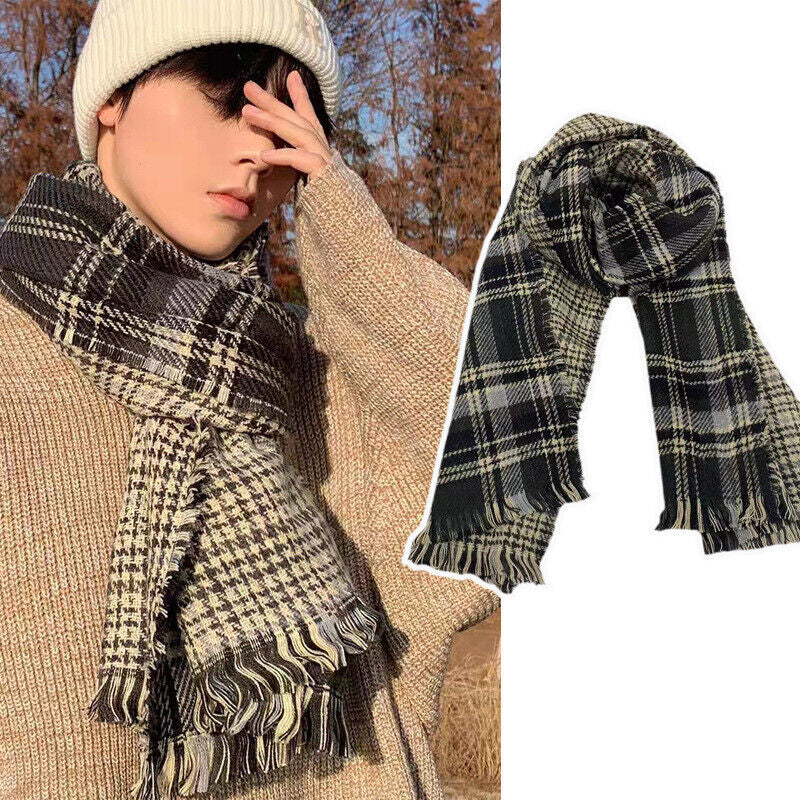 Men Ladies Women Unisex Classic Checked Tartan Print Plain Beige Tassel Scarf UK