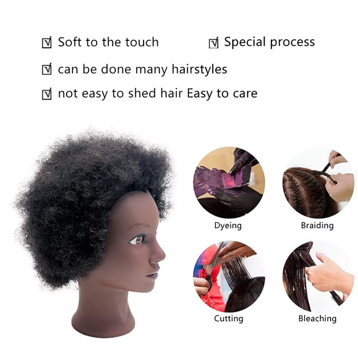 100% Human Hair Professional Mannequin Head with Short Afro Curly Hair Premium Black Mannequin Head with Cosmetology Doll Head