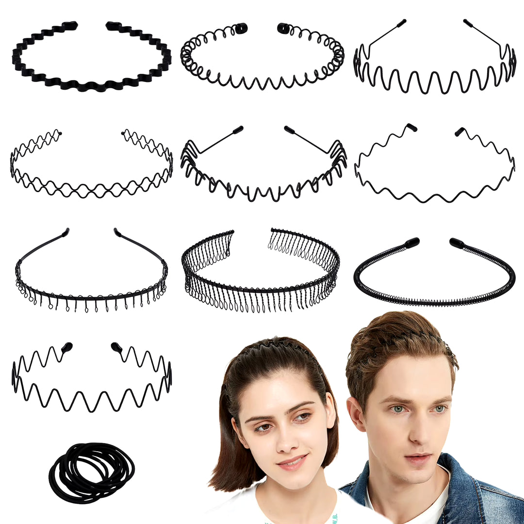 10 Pcs Headband and 10 Pcs Hairband Men Women Face Washing with Hairband Adjustable Wavy Spring Headband Set