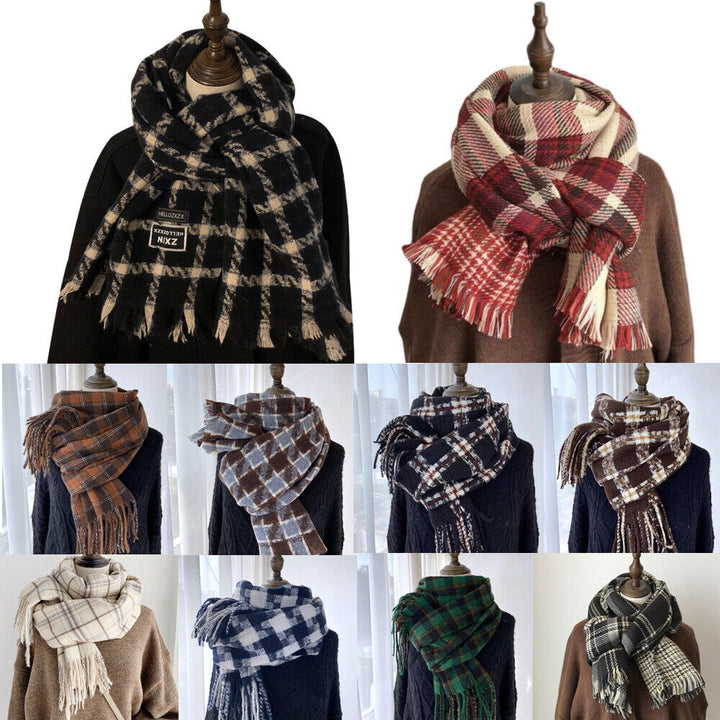 Men Ladies Women Unisex Classic Checked Tartan Print Plain Beige Tassel Scarf UK