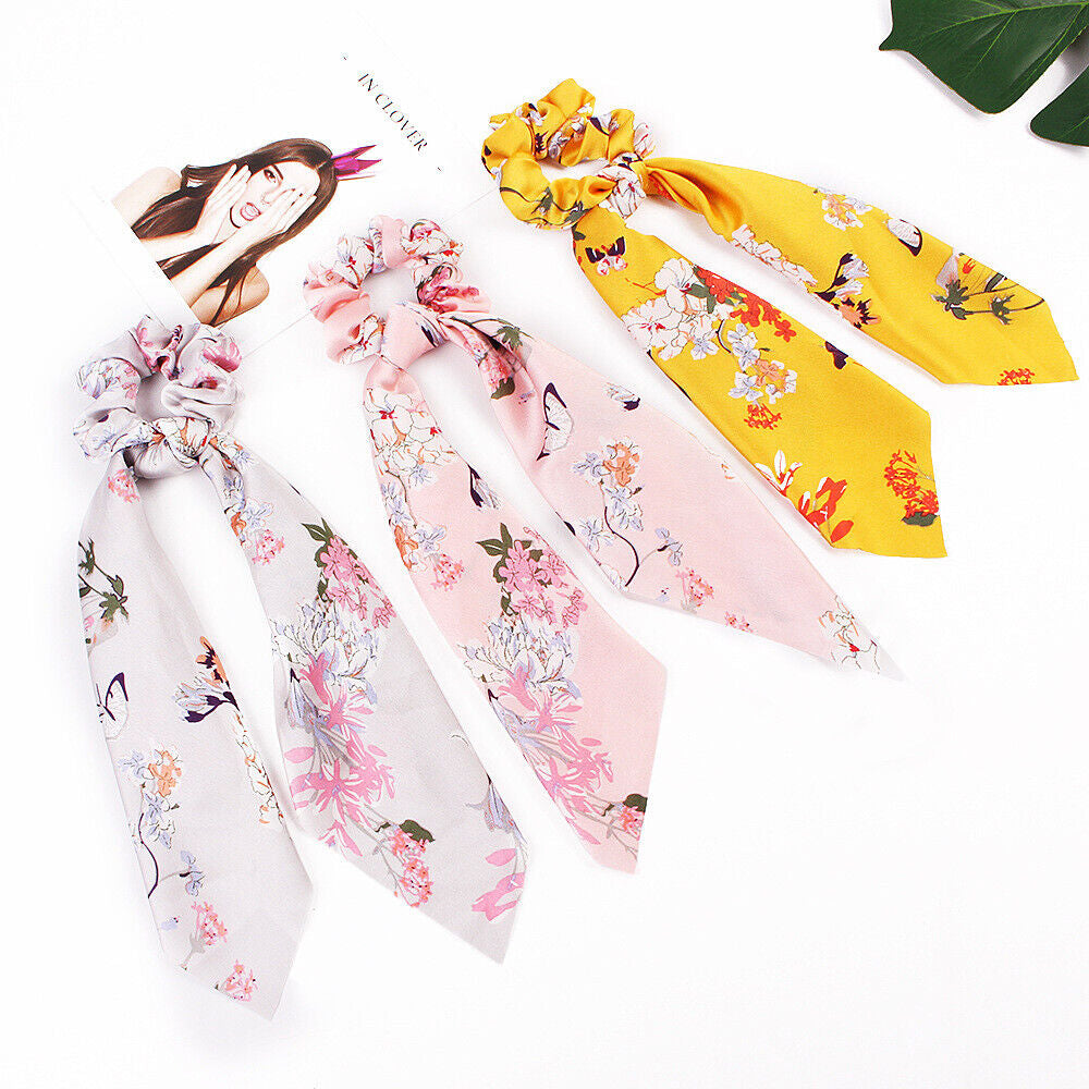 Floral Scrunchies Scarf Hair Bow Ponytail Elastic Boho Hairband Rope Ribbon Ties