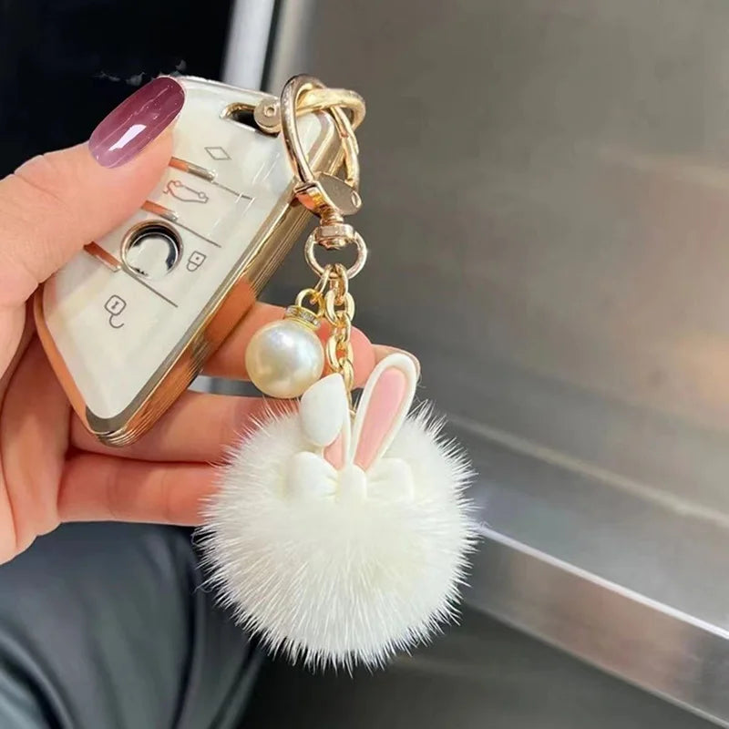 INS Handmade Plush Keychain Cute Pearl Pompom Key Chain Soft Bunny Keyring Pendant for Women Girls Bag Car Trinket Decoration