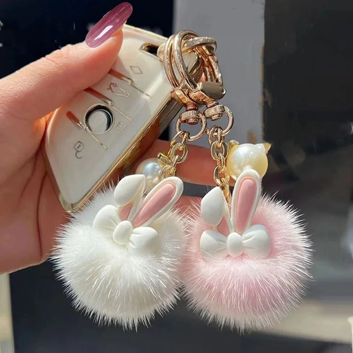 INS Handmade Plush Keychain Cute Pearl Pompom Key Chain Soft Bunny Keyring Pendant for Women Girls Bag Car Trinket Decoration