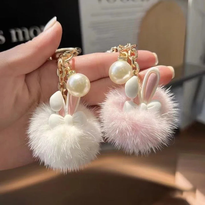 INS Handmade Plush Keychain Cute Pearl Pompom Key Chain Soft Bunny Keyring Pendant for Women Girls Bag Car Trinket Decoration