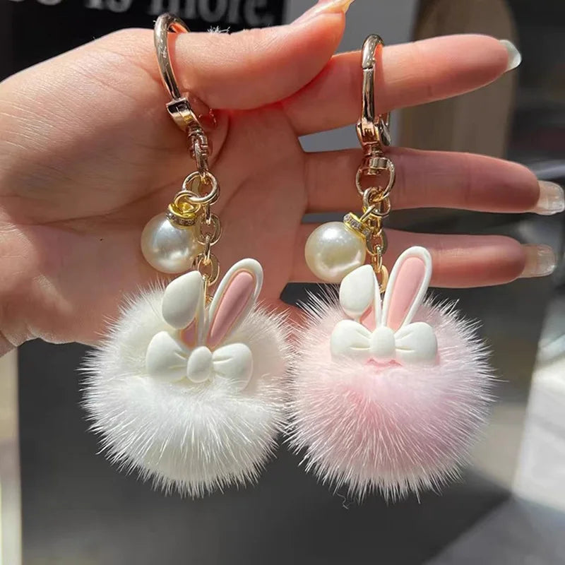 INS Handmade Plush Keychain Cute Pearl Pompom Key Chain Soft Bunny Keyring Pendant for Women Girls Bag Car Trinket Decoration