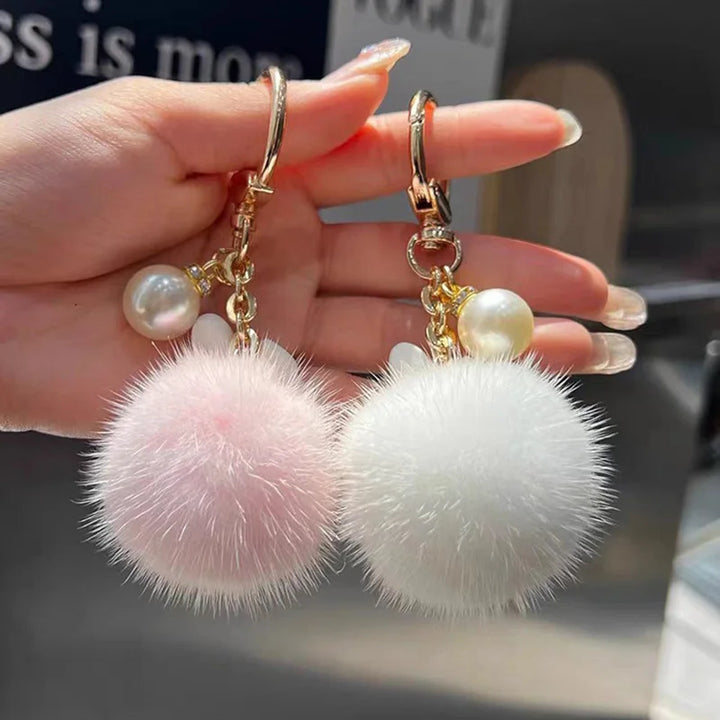 INS Handmade Plush Keychain Cute Pearl Pompom Key Chain Soft Bunny Keyring Pendant for Women Girls Bag Car Trinket Decoration