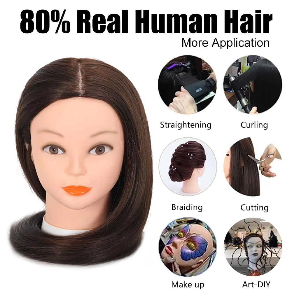 Premium Mannequin Head with Long Straight Hair 80% Human Hair & Wig Stand for Hairdresser Practice Training + DIY Hair Styling B