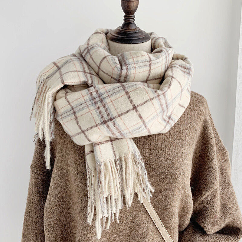 Men Ladies Women Unisex Classic Checked Tartan Print Plain Beige Tassel Scarf UK