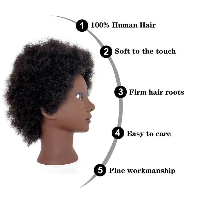 100% Human Hair Professional Mannequin Head with Short Afro Curly Hair Premium Black Mannequin Head with Cosmetology Doll Head