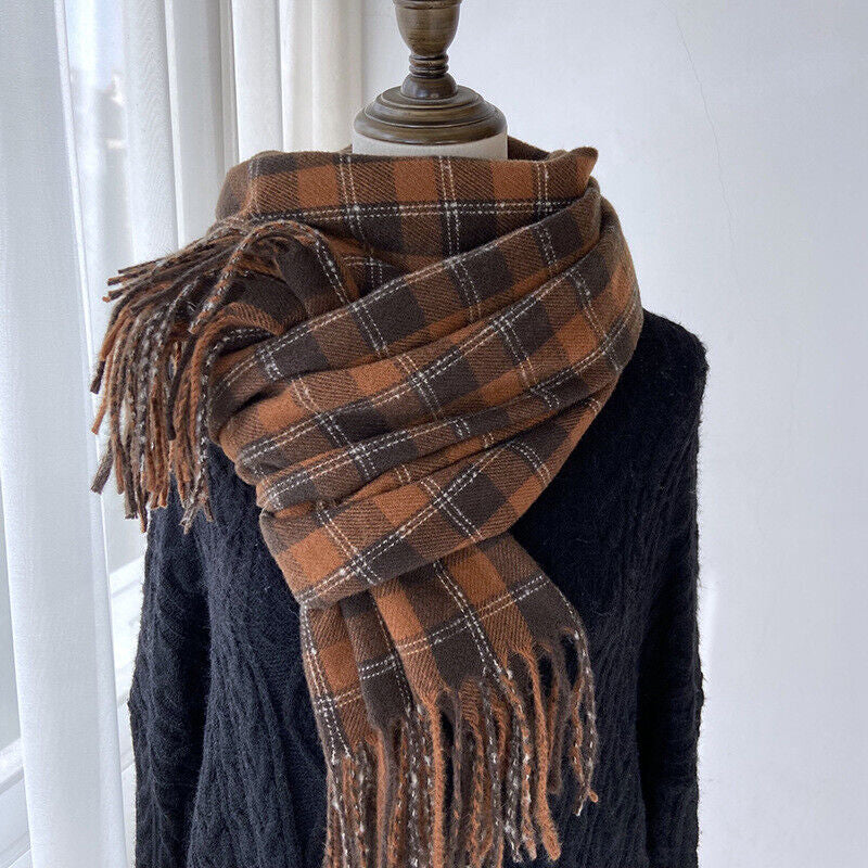 Men Ladies Women Unisex Classic Checked Tartan Print Plain Beige Tassel Scarf UK