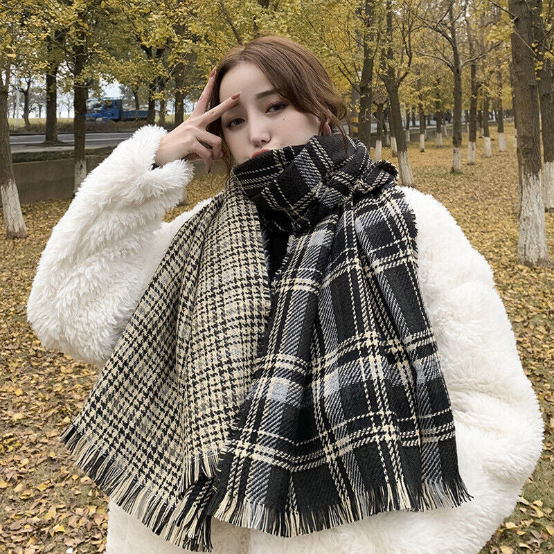 Men Ladies Women Unisex Classic Checked Tartan Print Plain Beige Tassel Scarf UK