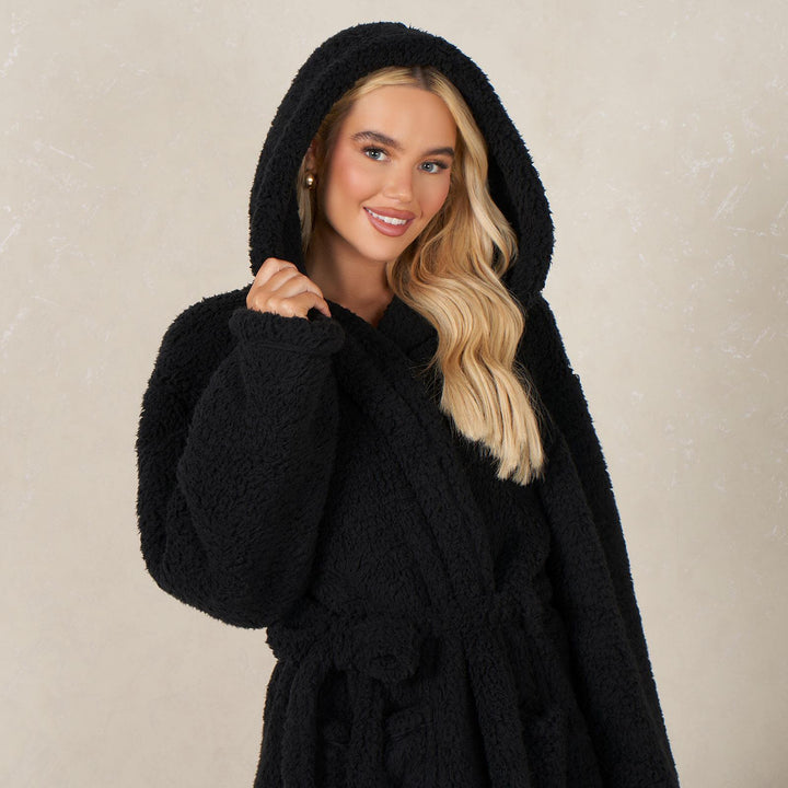 Teddy Fleece Long Dressing Gown Ladies Warm House Coat Hooded Long Cosy Robe