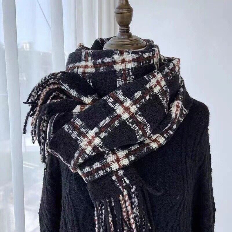 Men Ladies Women Unisex Classic Checked Tartan Print Plain Beige Tassel Scarf UK