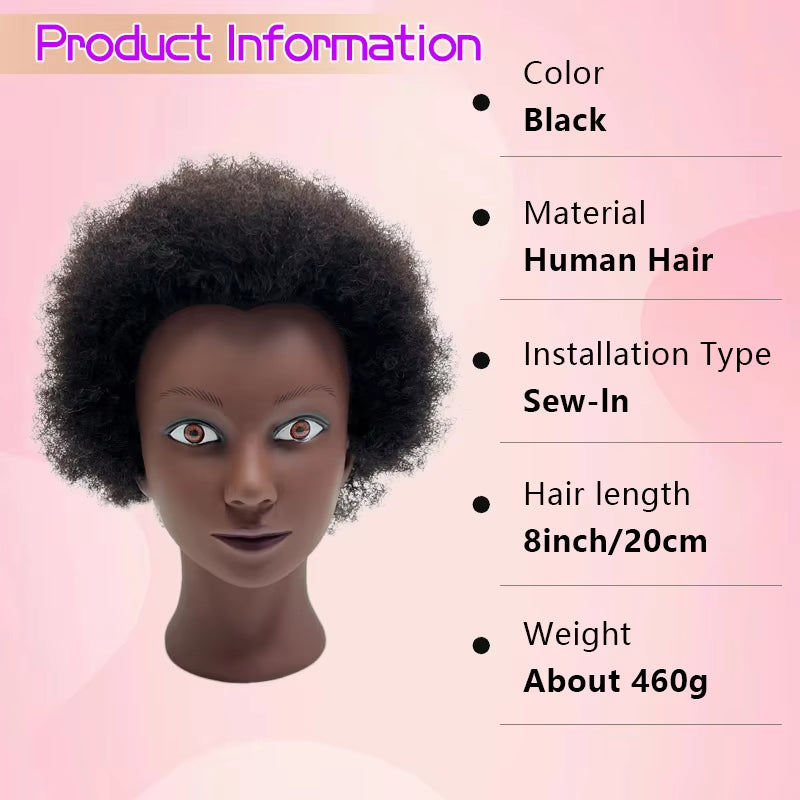 100% Human Hair Professional Mannequin Head with Short Afro Curly Hair Premium Black Mannequin Head with Cosmetology Doll Head