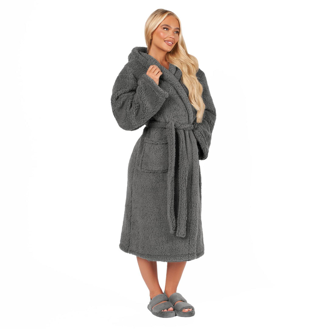 Teddy Fleece Long Dressing Gown Ladies Warm House Coat Hooded Long Cosy Robe